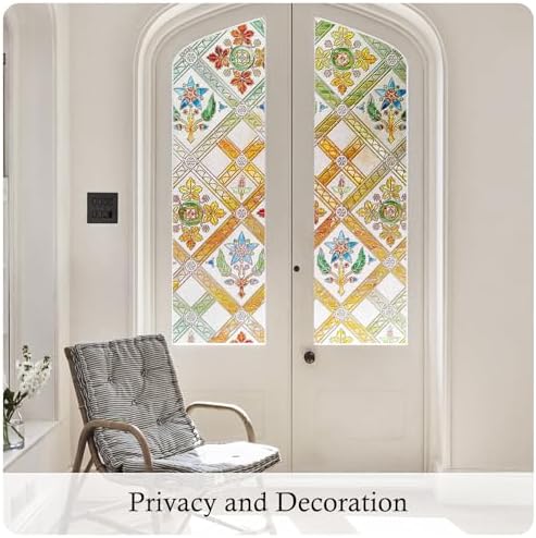 Coavas Stained Glass Window Film Decorative Privacy Cling for Home Bathroom & Front Door, 3D Floral Design, UV Blocking, Heat Control, Non-Adhesive, Reusable, Yellow, 17.5" x 39.4" - Image 2