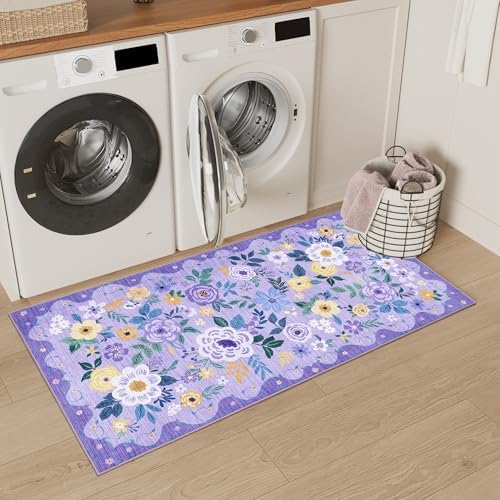 DUKINO 2x4 Entryway Rug, Floral Washable Kitchen Rugs Non Slip, Purple - Image 5
