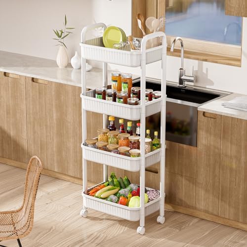 JOYZAN 4 Tier Rolling Carts with Wheels, Utility Cart with Handle and Locking Caster, Storage Cart for Kitchen, Office, Bedroom, Suitable for Diaper, Art Tools, Snack, Craft Storage Cabinet, White - Image 5