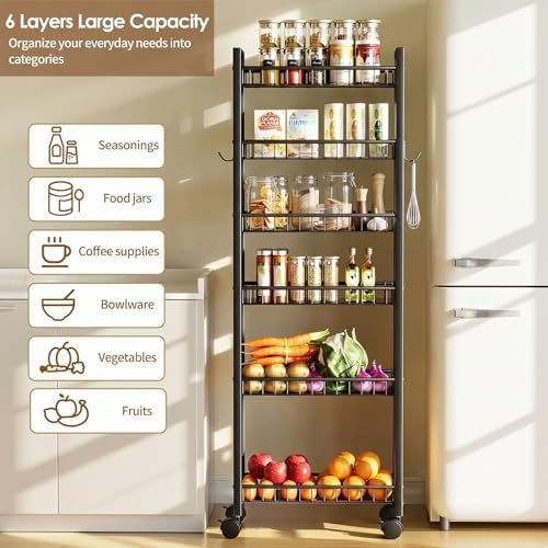 6 Tier Slim Storage Cart, Narrow Rolling Cart with Wheels, 6in(W) - Image 3