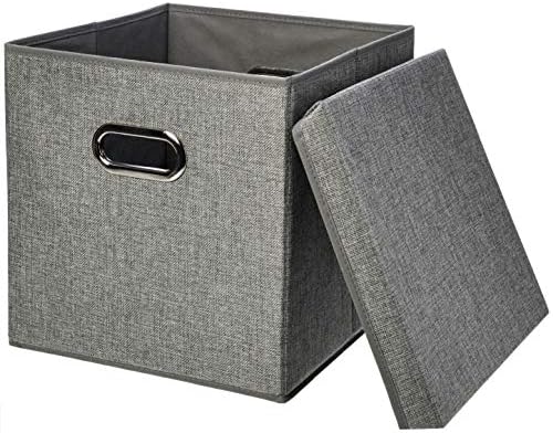 Amazon Basics Foldable Burlap Cloth Cube Storage Bins with Lid, Collapsible Organizing Containers, Stackable and Sturdy, Gray, Set of 2 by AmazonBasics