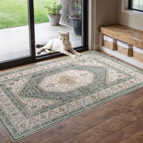 3x5 Washable Entryway Area Rug - Non-Slip Vintage Throw Rugs Green Beige by Puino