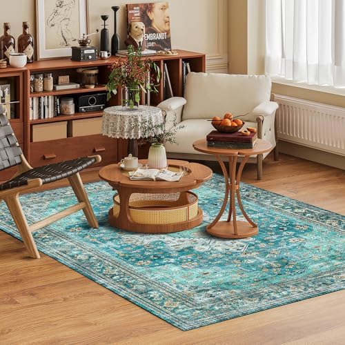 Washable Area Rug 6' x 9' Vintage Traditional Persian Mat - Foldable Distressed Non-Slip Machine Washable Carpet for Living Room Bedroom Kitchen Home Decor - Teal and Gold - Image 2