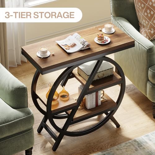 Tribesigns End Table Set of 2, 3-Tier Narrow Sofa Side Table with Storage for Living Room, Wood End Table with Geometric Metal Frame, Industrial Nightstand and Bedside Table for Bedroom, Light Brown - Image 6
