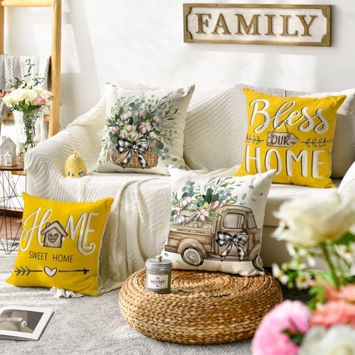 AVOIN colorlife Bless Our Home Farmhouse Eucalyptus Leaves Throw Pillow Covers, 18 x 18 Inch Truck Home Sweet Cushion Case Decorations Set of 4 - Image 2