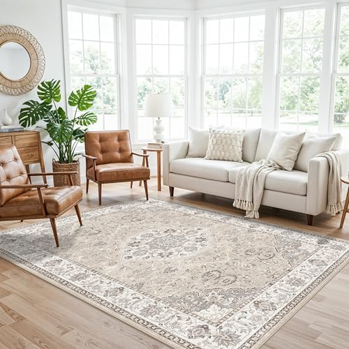Washable 5x8 Living Room Area Rug: Vintage Water-Resistant Soft Rug for Bedroom Dining Room Non Slip Apartment Low Pile Carpet Thin Floor Mat for Dorm Home Office Printed Beside Rug(5x8，Beige) by HYHAOYUNLAI