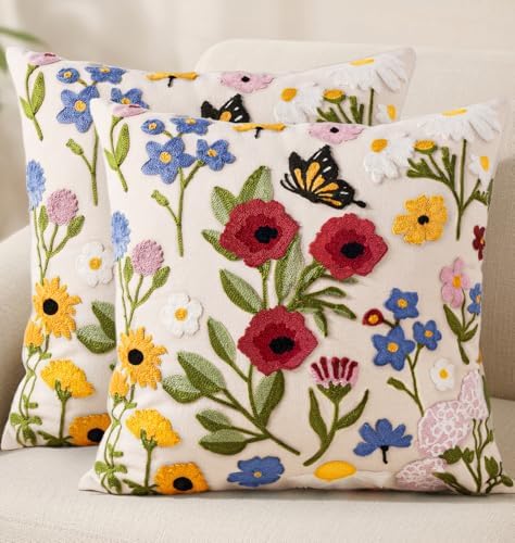 Embroidered Throw Pillow Covers 18x18 Inch, 2Pack, Retro Flower by Kokaaee