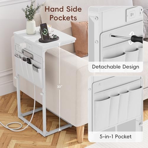 Vagusicc C Shaped End Table with Charging Station, Adjustable Height Side Table for Couch, Sofa Table Laptop Couch Side Tables, Slide Under Sofa TV Tray Arm C Tables for Living Room Bedroom, White - Image 6