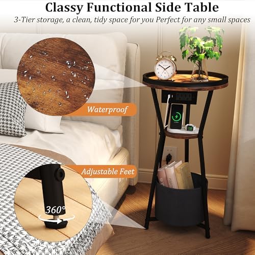 Yusong Round Side Table with Charging Station, Small Drink Table for Small Spaces, 3-Tier Industrial End Table, Accent Nightstand Bedside Table for Living Room, Bedroom, Sofa Couch, Rustic Brown - Image 4