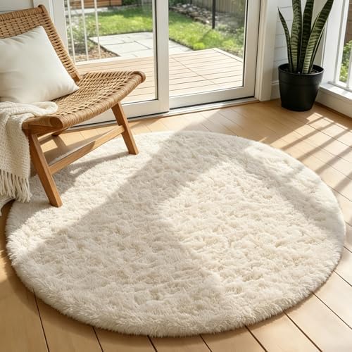 Ophanie Round Rugs 3Ft Ivory Circle Area Rug, Nursery Bedroom Carpet, Small Fluffy Fuzzy Plush Soft Shaggy Cream Living Room Christmas Aesthetic Decor for Kids Boys Girls Teen Baby Home, Dorm by Ophanie