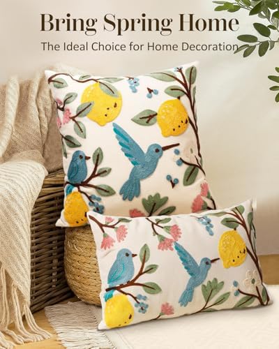 Embroidered Throw Pillow Cover 20x20 Inch, Bird Lemon - Image 5