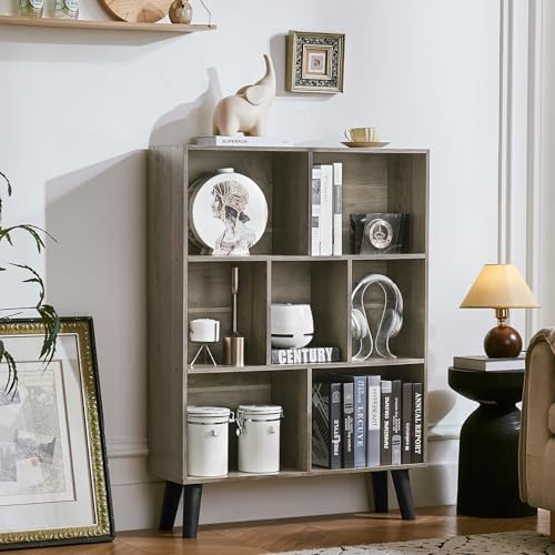 LEYAOYAO Cube Bookshelf, Mid-Century Modern Book Shelf with Legs,Retro Grey - Image 6