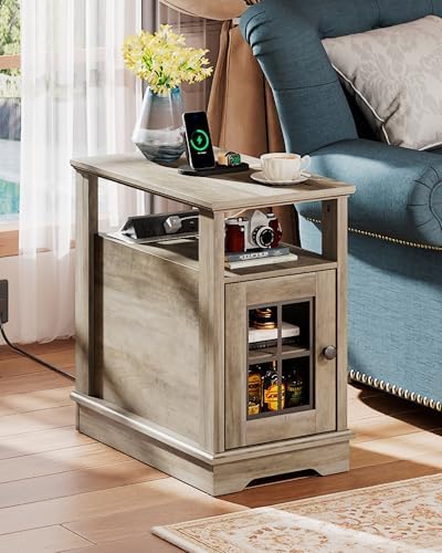 WLIVE Farmhouse End Table with Charging Station, Narrow Side Table with Storage, Small Nightstand with USB Ports and Outlets ，Bedside Cabine for Bedroom, Living Room,Greige - Image 2