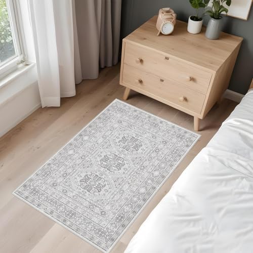 2x3 Area Rug Washable Vintage: Non Slip Throw Rugs for Entryway Floor Grey - Image 2