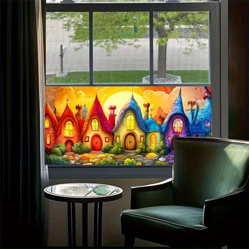 HOMETITUTE Rainbow Fairy Tale Village Window Cling 39.3x17.7 Inch PVC - Image 2
