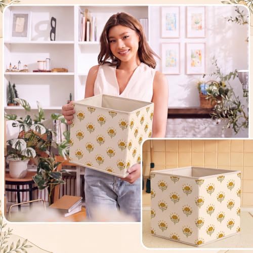 Bokon 6 Pcs 11'' Mustard Yellow Block Print Storage Bin Floral Storage Cube - Image 4