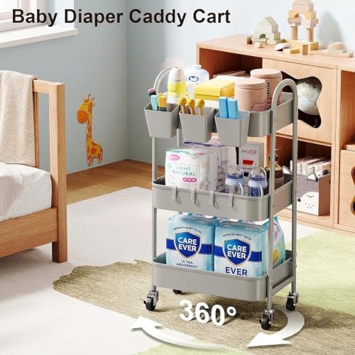 3 Tier Gray Metal Rolling Cart, Storage Cart with Handle & Lockable Wheels - Image 4
