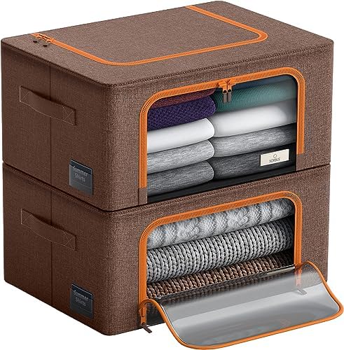 Sorbus Clothes Storage Bins, Clear Window & Handles (Medium, 2 Pack, Brown) by Sorbus