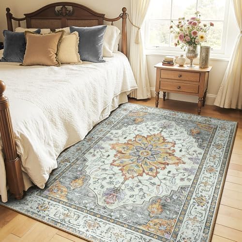 RELEANY Washable Area Rug, 6'x9', Beige/Carbon Grey/Orange - Image 2