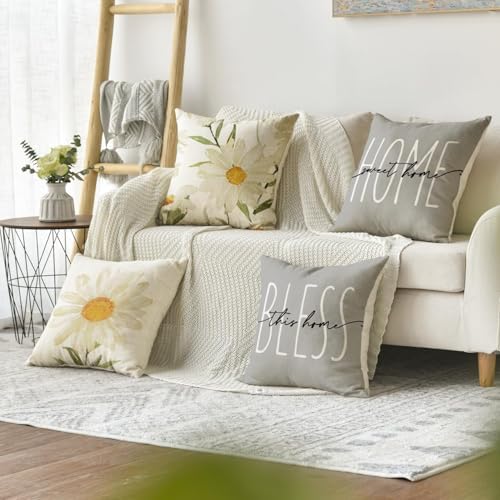 AVOIN colorlife Home Sweet Home Spring Summer Flowers Throw Pillow Covers, 20 x 20 Inch Grey Cushion Case for Sofa Couch Set of 4 - Image 2