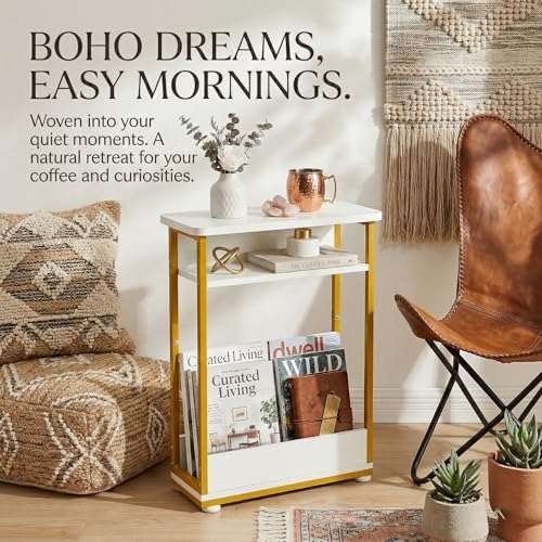Narrow Side Table,3-Tier Slim End Table with Storage Shelf,Modern Sofa Table Thin Side Table for Small Spaces, Skinny Bedside Table Small Nightstand with Magazine Rack Space Saving/White+Gold - Image 7