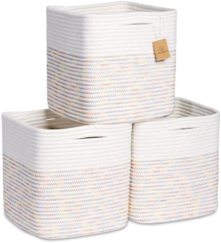 NaturalCozy Storage Cubes 11 Inch Cotton Rope Woven Baskets for Organizing, 3-Pack | Cube Storage Bin | Square Storage Baskets for Shelves Organizer, Classroom, Kids Toy Bins, Closet, Baby Nursery by NaturalCozy