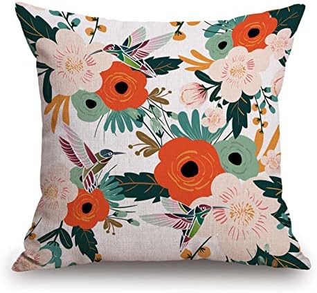TSSOHU Flower and Hummingbird Pillow Cover Cotton Linen Spring Red Flower Green Leaves Boho Decorative Pillow Covers Cushion Cover Home Decor Pillowcase for 18x18 Inch by TSSOHU