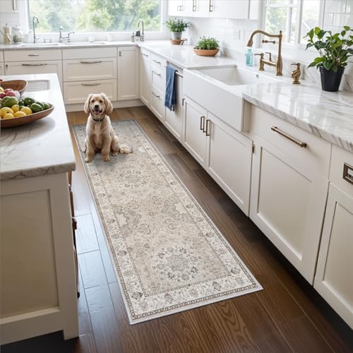 2x6 Hallway Washable Runner Rug : Vintage Soft Kitchen Laundry Runner with Non Slip Backing Farmhouse Entryway Living Room Floor Mat Stain Resistant Carpet for Bedroom Bathroom Distressed Beside Rug by HYHAOYUNLAI