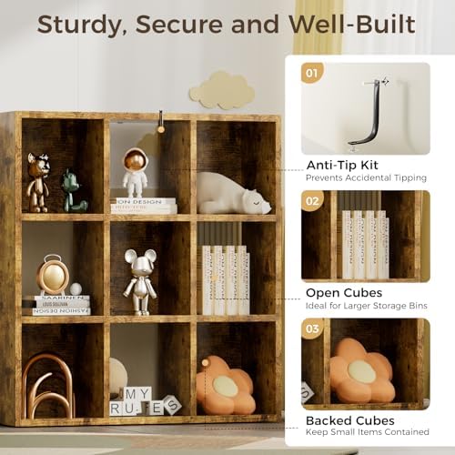 COMHOMA 9 Wood Cube Storage Organizer with Open Back and Removable Back Panels, 11In Brown Cube Storage Bookshelf, Cubicle Shelf Bookcase for Home Office Bedroom Living Room, Vertical or Horizontal - Image 6
