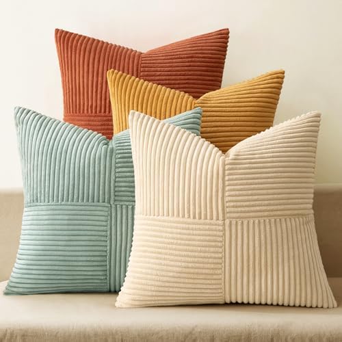 MIULEE Fall Teal-Orange Decorative Throw Pillow Covers 20x20 Inch Set of 4 Boho Corduroy Striped Cushion Cases Modern Farmhouse Patchwork Pillow Cases for Couch Sofa Bedroom Home Decor by MIULEE