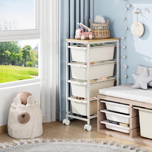 KINGBOARD Slim Rolling Cart with 4 Drawers, Metal Utility Storage Cart | Wooden Tabletop, Lockable Wheels, Table Side Trolley for Bedroom, Children's Room and Office Organization, White - Image 7