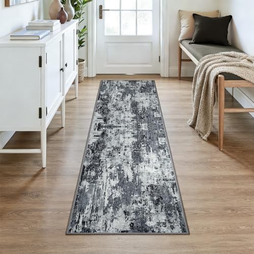 RELEANY Washable Runner 2'x7' Abstract Area Rug for Hallway Black White - Image 2