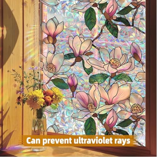Retro Flowers Window Privacy Film, Magnolia Stained Glass Decorative Window Film for Glass, Rainbow Stained Window Cling Sticker Floral Removable Static Cling for Window (1, Magnolia, 17x39.4in) - Image 2