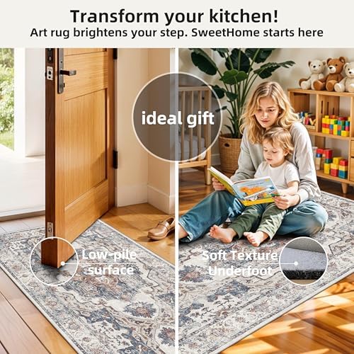 4 Pieces Kitchen Rug Set: Washable Water Resisitant Carpet for Sink Stove Area Soft Floor Mats with Non-Slip Backing for Bathroom Low-Pile Runners for Family with Elderly Dogs(2x3+2x4+2x5+2x6,Brick) - Image 3