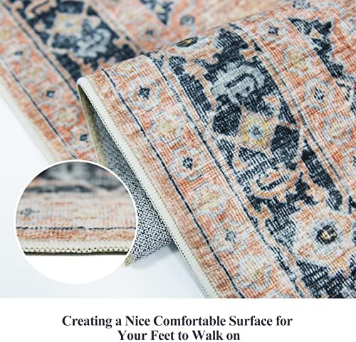 Hallway Washable Runner Rug - 2x7 Kitchen Rugs Entryway Rug Runner Vintage Soft Floor Mat Non Slip Indoor Farmhouse Carpet for Bathroom Living Room Bedroom (2 X 7, Orange) - Image 4