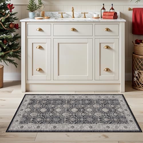 Entryway 2x4 Washable Area Rug: Oriental Stain Resistant Kitchen Runner Rugs Farmhouse Ultra Soft Bathroom Bedroom Print Floor Mat Thin Non Slip Indoor Carpet for Living Room Laudry Room(2x4,Black) - Image 3