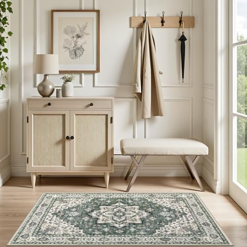 2x3 Area Rugs Living Room: Washable Rug for Bedroom Green Ivory - Image 5