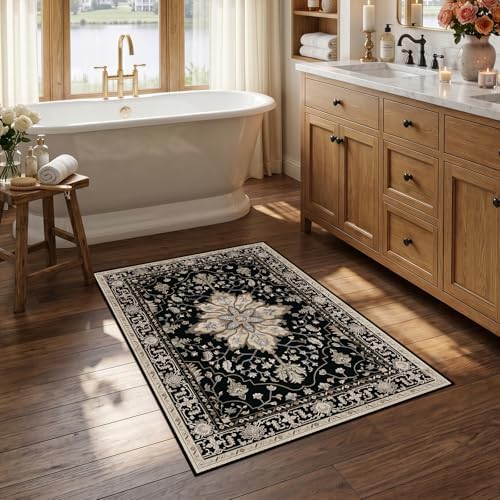 RELEANY Washable Area Rug, Small 2'6"x4', Black/Neutral by RELEANY