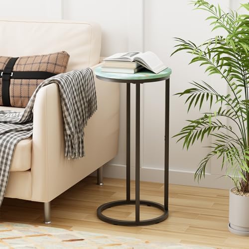 C Shaped end Table,Wood Round Side Table for Couch,Small Sofa Table with Metal Frame for Bedroom,Living Room,Bedside,Sea Blue(11.81" D x 11.81" W x 23.62" H) - Image 2