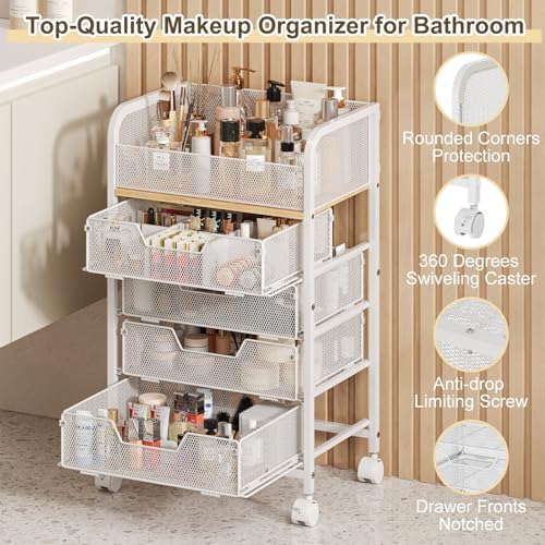 Hongtamoya Makeup Cart Organizer with 4 Drawers, Rolling Makeup Cart, White - Image 4