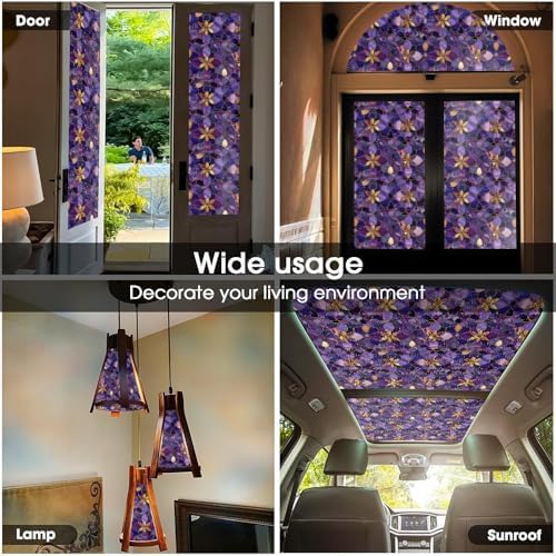 Purple Golden Yellow Flower Vintage Stained Glass Window Films Decorative Double-Side Privacy Film Self-Adhesive Static Glass Clings for Living Room Bathroom Decor - Image 5