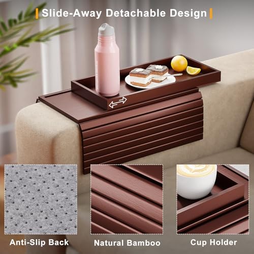 Bestjing 2 in 1 Bamboo Sofa Armrest Tray Table for Couch (Walnut) - Image 3