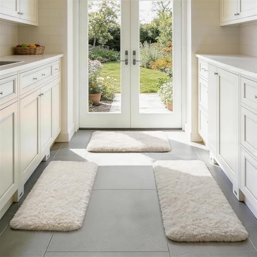 Ophanie Small Rug Washable Non Slip Throw Bedside Area Rugs, Fluffy Soft Mini Bedroom Carpet, 1.5x2.5，1.5x4 and 1.5x5 Rug Set, 3 Piece Ivory with Over 99 pcs Pile fibers by Ophanie