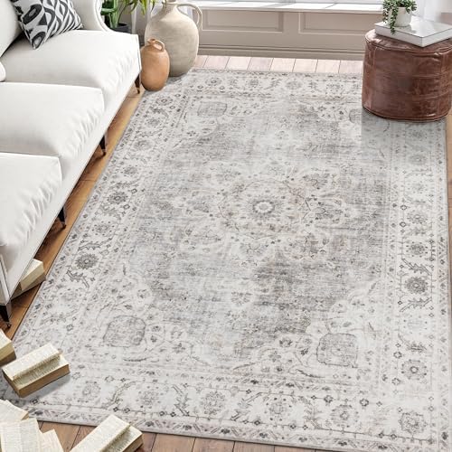 ReaLife Rugs Machine Washable Area Rug - Stain Resistant,Non-Shed - Eco-Friendly,Non-Slip, Family & Pet Friendly - Made from Premium Recycled Fiber - Vintage Bohemian Medallion - Beige Ivory, 4' x 6' by ReaLifeRugs