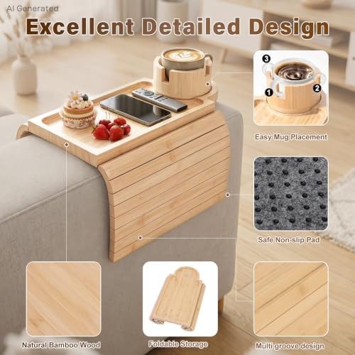Bamboo Couch Arm Tray, 3 in1 Couch Armrest Table, Armrest Tray, Natural - Image 6