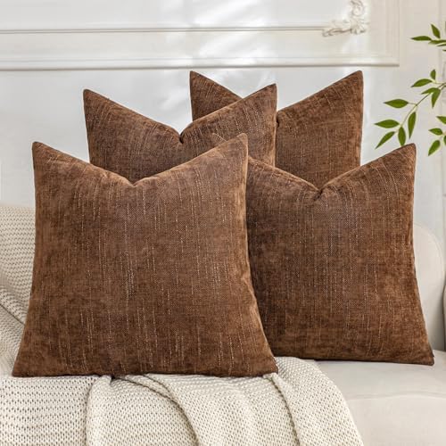 Set of 4 Soft Textured Decorative Throw Pillow Covers 16x16 Inch Cozy Farmhouse Cushion Cover Square Accent Pillow Cases for Bed Couch Sofa Living Room, Brown by Cozoomy