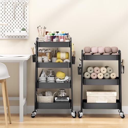 TOOLF 4 Tier Rolling Cart, Metal Utility Storage Cart with Pegboard, Black | 2 Bins & 4 Hooks, Screwless Assembly, Lockable Wheels, Trolley Organizer for Bathroom, Kitchen, Office, Dorm, Craft Room - Image 2