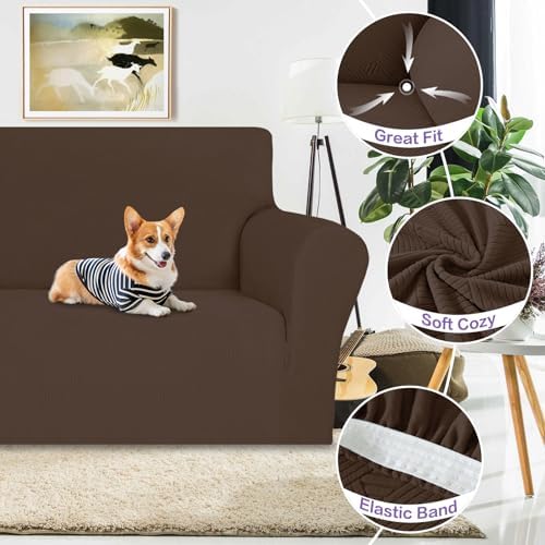 ZNSAYOTX Super Stretch Sofa Cover (72"-92"), New Striped Sofa Covers Fitted Slipcovers with Elastic Bottom, Dog Cat Pets Proof Spandex Washable Fabric Comfortable & Durable (Coffee, Sofa) - Image 3