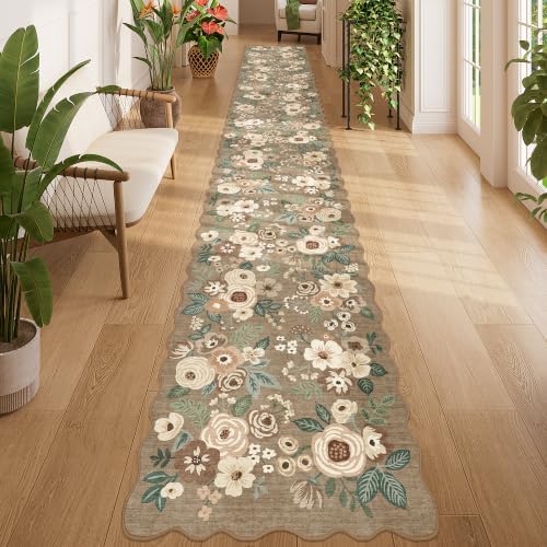 DUKINO 2x14 Hallway Runner Rug, Floral Washable Kitchen Rug, Light Taupe by DUKINO