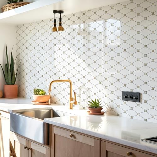 STICKGOO 1 Sheet Peel and Stick Backsplash, Glossy White PVC Mixed Metal Gold Kitchen Backsplash, Stick on Wall Tiles for Kitchen, Bathroom, RV - Image 4